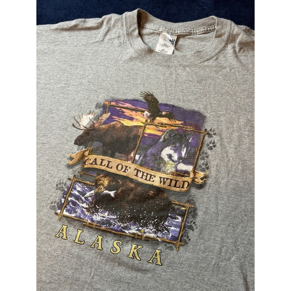 Vtg 90s Gildan Heavyweight Alaska Call Of The Wild T-Shirt Mens 2XL Gray Wolf